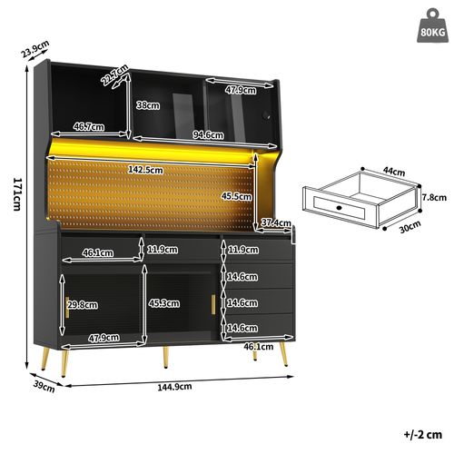 Buffet De Cuisine 144.9x39x171 Cm, 4 Portes Coulissantes, 6 Tiroirs, LED, Mdf, Verre, Couleur Noir