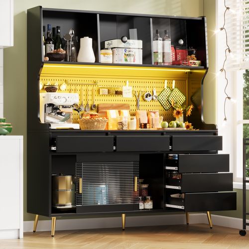 Buffet De Cuisine 144.9x39x171 Cm, 4 Portes Coulissantes, 6 Tiroirs, LED, Mdf, Verre, Couleur Noir