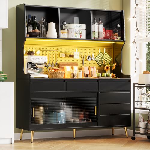 Buffet De Cuisine 144.9x39x171 Cm, 4 Portes Coulissantes, 6 Tiroirs, LED, Mdf, Verre, Couleur Noir