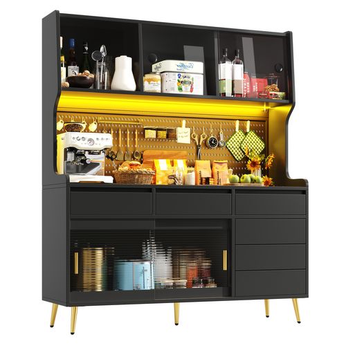 Buffet De Cuisine 144.9x39x171 Cm, 4 Portes Coulissantes, 6 Tiroirs, LED, Mdf, Verre, Couleur Noir