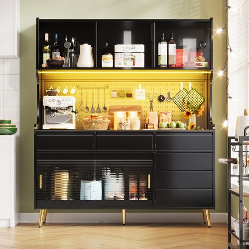 Buffet De Cuisine 144.9x39x171 Cm, 4 Portes Coulissantes, 6 Tiroirs, LED, Mdf, Verre, Couleur Noir