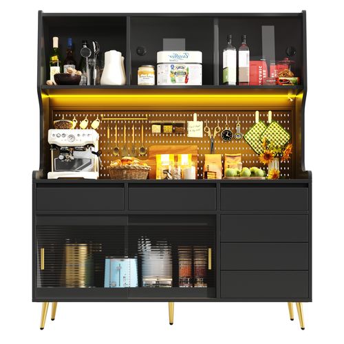 Buffet De Cuisine 144.9x39x171 Cm, 4 Portes Coulissantes, 6 Tiroirs, LED, Mdf, Verre, Couleur Noir