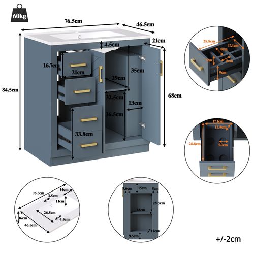 Meuble Vasque 76.5x46.5x84.5 Cm, 2 Portes, 3 Tiroirs Et Étagères, Mdf Et Céramique, Bleu