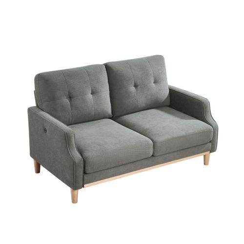 Canapé 2 Places, Port USB Intégré, Tissu Polyester, Pieds En Bois, Couleur Gris