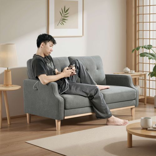 Canapé 2 Places, Port USB Intégré, Tissu Polyester, Pieds En Bois, Couleur Gris