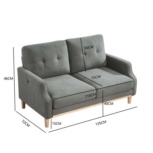 Canapé 2 Places, Port USB Intégré, Tissu Polyester, Pieds En Bois, Couleur Gris