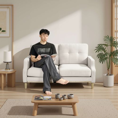 Canapé 2 Places, Port USB Intégré, Tissu Polyester, Pieds En Bois, Couleur Beige