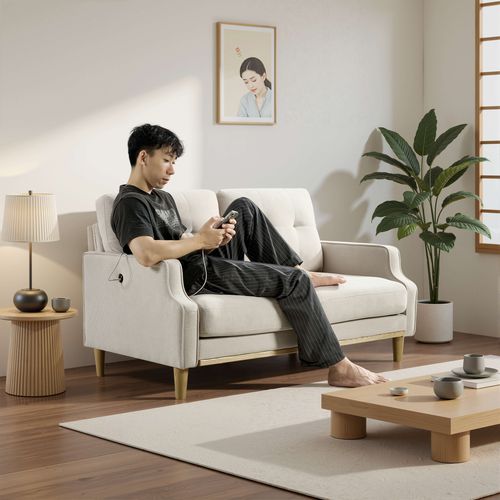 Canapé 2 Places, Port USB Intégré, Tissu Polyester, Pieds En Bois, Couleur Beige