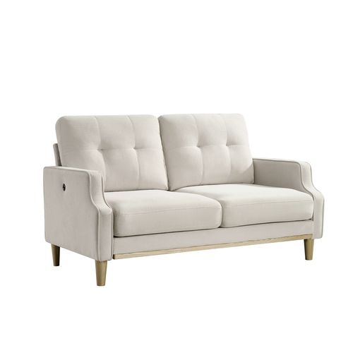 Canapé 2 Places, Port USB Intégré, Tissu Polyester, Pieds En Bois, Couleur Beige