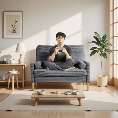 Canapé 2 Places Compact, Gain De Place, Bois Et Velours Côtelé, Couleur Gris