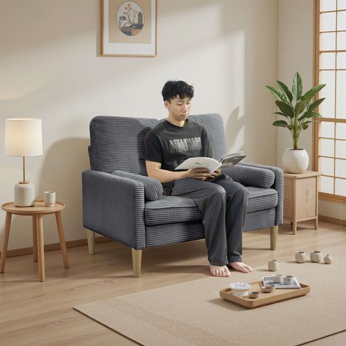 Canapé 2 Places Compact, Gain De Place, Bois Et Velours Côtelé, Couleur Gris