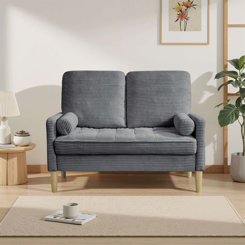 Canapé 2 Places Compact, Gain De Place, Bois Et Velours Côtelé, Couleur Gris