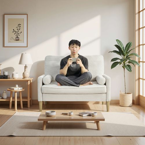 Canapé 2 Places Compact, Gain De Place, Bois Et Velours Côtelé, Couleur Beige