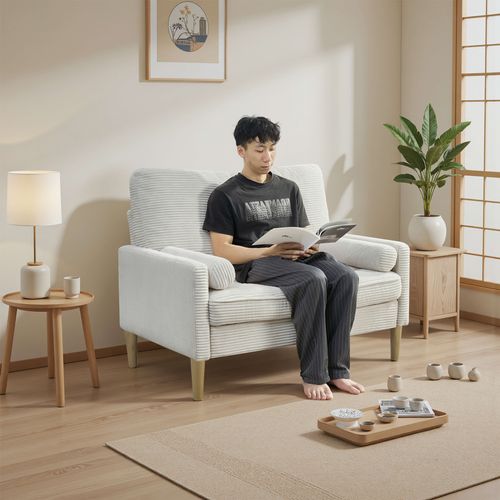 Canapé 2 Places Compact, Gain De Place, Bois Et Velours Côtelé, Couleur Beige