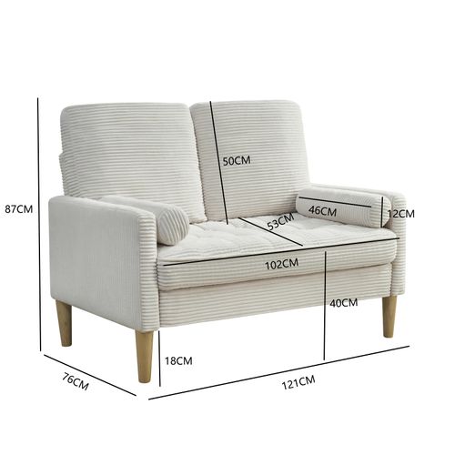 Canapé 2 Places Compact, Gain De Place, Bois Et Velours Côtelé, Couleur Beige