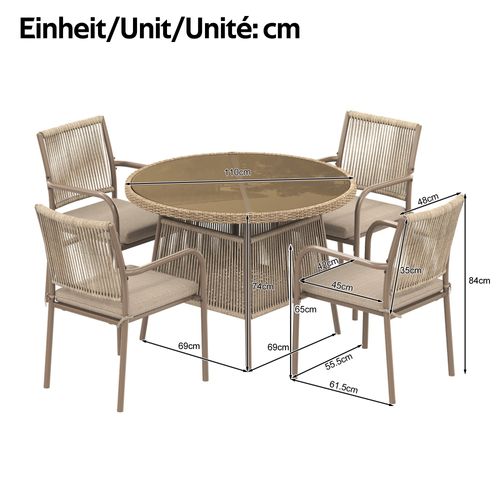 Ensemble Table Et 4 Chaises 110x110x74+61.5x55.5x84 5cm, 5 Pièces, Verre Trempé, Fer, Rotin Pe, Brun