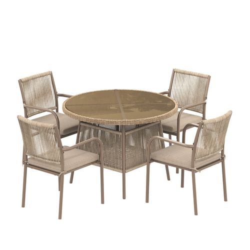 Ensemble Table Ronde Et 4 Chaise, 5 Pièces 110x110x74+61.5x55.5x84 Cm, Verre Trempé, Fer, Gris