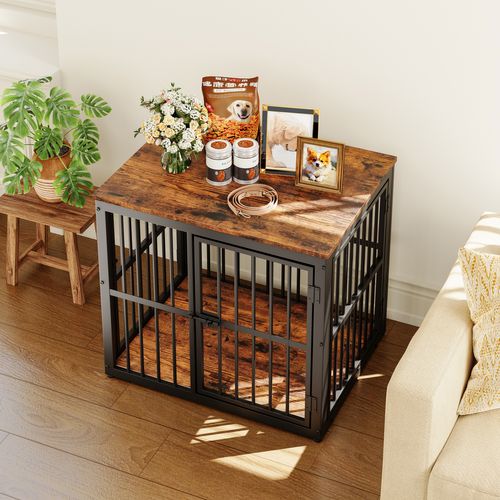 Cage Chien Meuble 68,4x53x61 Cm, 3 Portes, Plateau Hydrofuge, Fer, Noir Et Marron Rétro