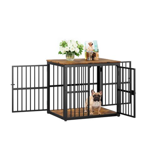 Cage Chien Meuble 68,4x53x61 Cm, 3 Portes, Plateau Hydrofuge, Fer, Noir Et Marron Rétro