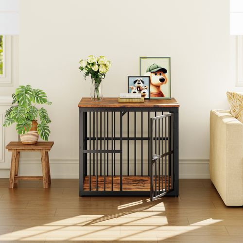 Cage Chien Meuble 68,4x53x61 Cm, 3 Portes, Plateau Hydrofuge, Fer, Noir Et Marron Rétro