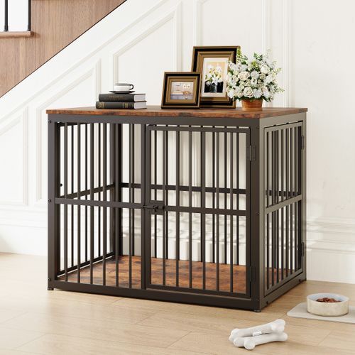 Cage Pour Chien 84x56x66 Cm, 3 Portes Modulable, Fer Et Panneaux De Particules, Noir Brun