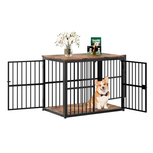 Cage Pour Chien 84x56x66 Cm, 3 Portes Modulable, Fer Et Panneaux De Particules, Noir Brun