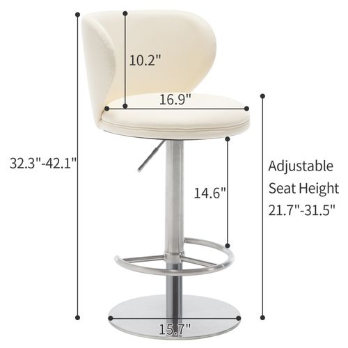 Tabouret De Bar 42.9x42.9 X82-106.9 Cm, Hauteur Réglable, Pivotant 360, Acier Inoxydable, Blanc