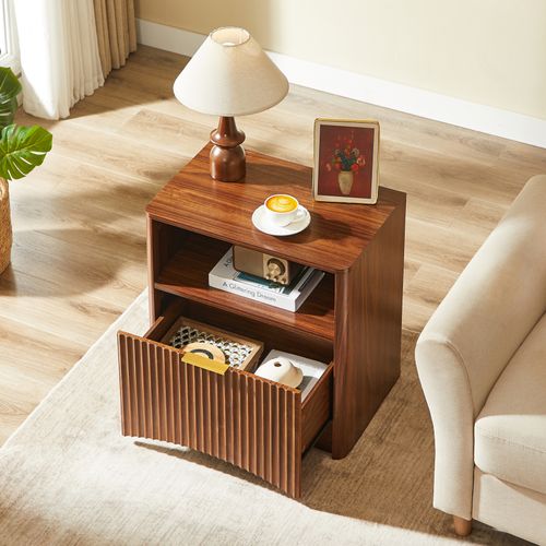 Table De Chevet 58x38x60 Cm, 1 Tiroir Ouvert 1 Niche, Panneau Rainuré, Bois, Marron