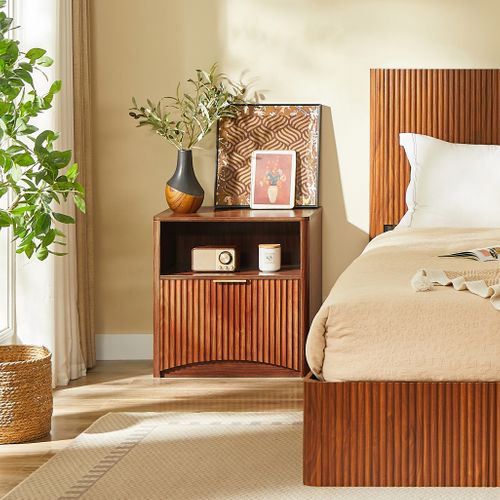 Table De Chevet 58x38x60 Cm, 1 Tiroir Ouvert 1 Niche, Panneau Rainuré, Bois, Marron