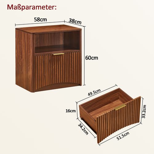 Table De Chevet 58x38x60 Cm, 1 Tiroir Ouvert 1 Niche, Panneau Rainuré, Bois, Marron