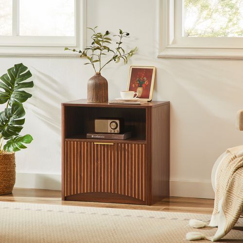 Table De Chevet 58x38x60 Cm, 1 Tiroir Ouvert 1 Niche, Panneau Rainuré, Bois, Marron