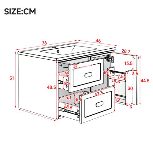 Meuble Vasque Suspendu 76x46x51 Cm, LED Capteur Radar, 2 Tiroirs, 1 Porte, Mdf Céramique, Bleu