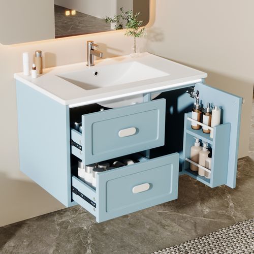 Meuble Vasque Suspendu 76x46x51 Cm, LED Capteur Radar, 2 Tiroirs, 1 Porte, Mdf Céramique, Bleu