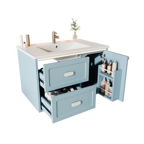 Meuble Vasque Suspendu 76x46x51 Cm, LED Capteur Radar, 2 Tiroirs, 1 Porte, Mdf Céramique, Bleu
