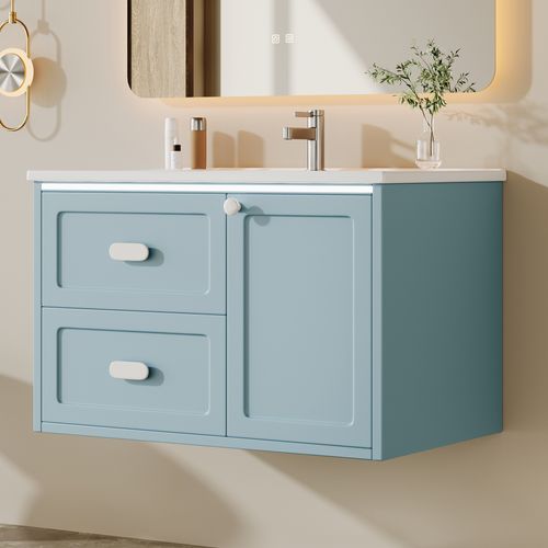 Meuble Vasque Suspendu 76x46x51 Cm, LED Capteur Radar, 2 Tiroirs, 1 Porte, Mdf Céramique, Bleu