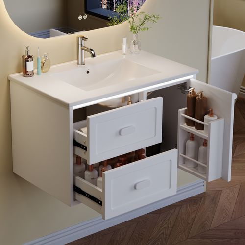 Meuble Vasque Suspendu 76x46x51 Cm, LED Capteur Radar, 2 Tiroirs, Mdf Et Céramique, Couleur Blanc