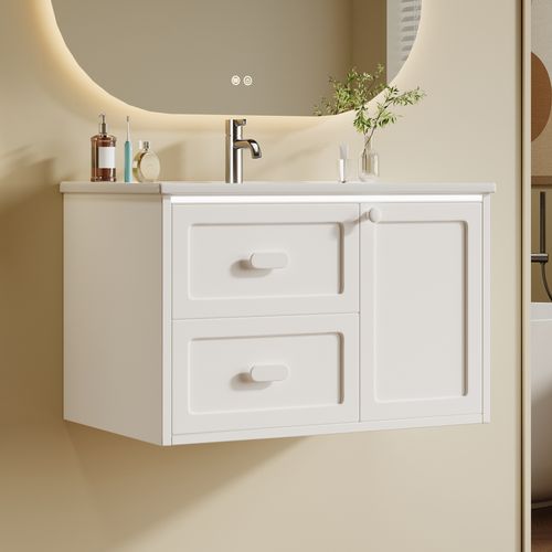 Meuble Vasque Suspendu 76x46x51 Cm, LED Capteur Radar, 2 Tiroirs, Mdf Et Céramique, Couleur Blanc