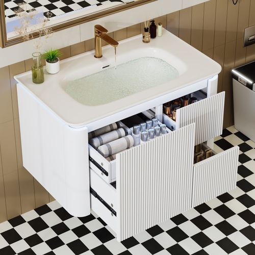 Meuble Vasque Suspendu 80,5x47,5x51 Cm, 4 Tiroirs, LED Capteur Mouvement, Mdf, Céramique, Blanc