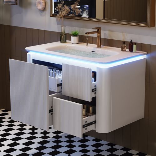 Meuble Vasque Suspendu 80,5x47,5x51 Cm, 4 Tiroirs, LED Capteur Mouvement, Mdf, Céramique, Blanc