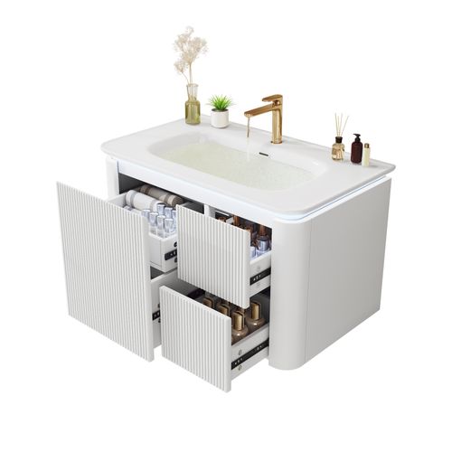 Meuble Vasque Suspendu 80,5x47,5x51 Cm, 4 Tiroirs, LED Capteur Mouvement, Mdf, Céramique, Blanc