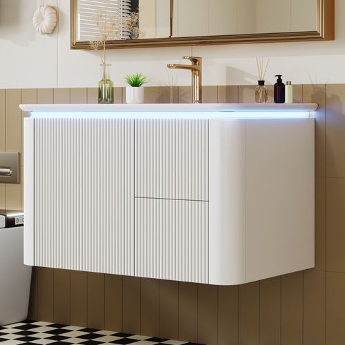 Meuble Vasque Suspendu 80,5x47,5x51 Cm, 4 Tiroirs, LED Capteur Mouvement, Mdf, Céramique, Blanc