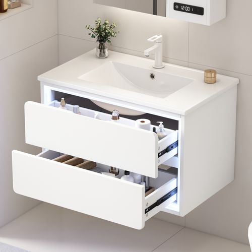 Meuble Vasque Suspendu De Salle De Bain 76x46x48,5 Cm, 2 Tiroirs , LED Radar, Mdf, Céramique, Blanc