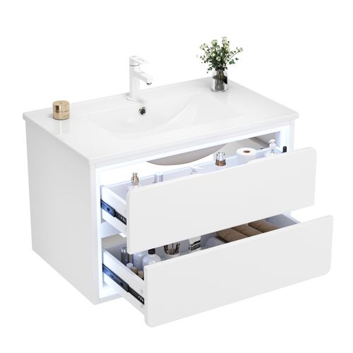 Meuble Vasque Suspendu De Salle De Bain 76x46x48,5 Cm, 2 Tiroirs , LED Radar, Mdf, Céramique, Blanc