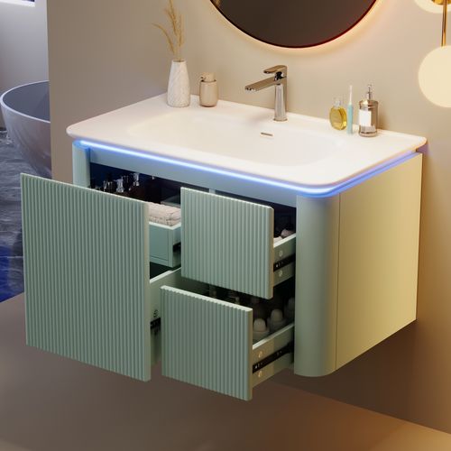 Meuble Vasque 80,5x47,5x51 Cm, LED Détecteur Mouvement, Mdf Laqué, Vasque Céramique, Vert