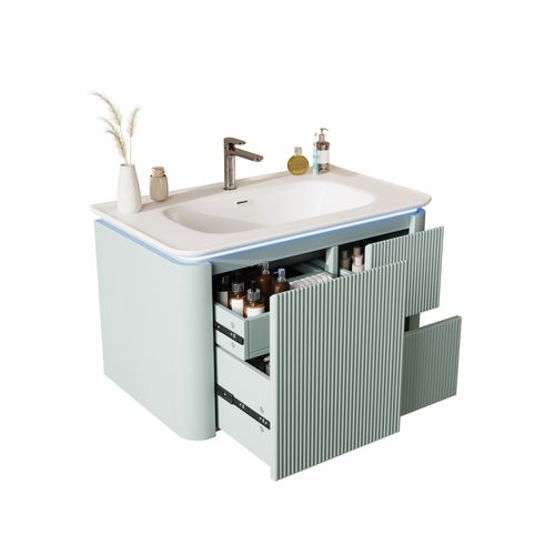 Meuble Vasque 80,5x47,5x51 Cm, LED Détecteur Mouvement, Mdf Laqué, Vasque Céramique, Vert