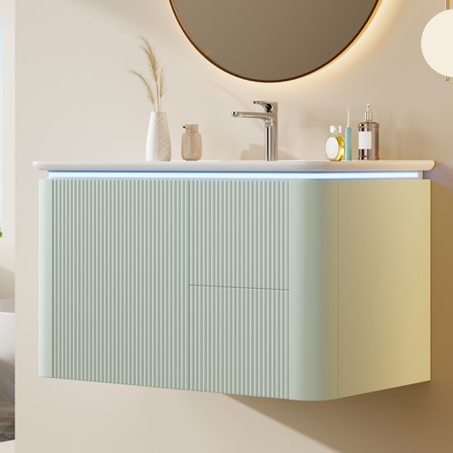 Meuble Vasque 80,5x47,5x51 Cm, LED Détecteur Mouvement, Mdf Laqué, Vasque Céramique, Vert