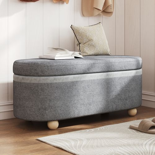 Banc Coffre 110x41x47 Cm, Rangement Sous Assise, Revêtement Polaire, Pieds En Bois, Gris