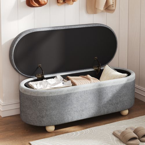 Banc Coffre 110x41x47 Cm, Rangement Sous Assise, Revêtement Polaire, Pieds En Bois, Gris