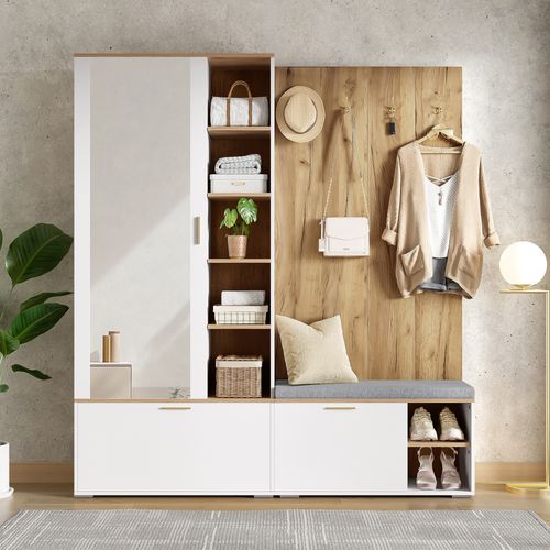 Ensemble Vestiaire Entrée 160x38x180 Cm, Armoire Miroir Avec Banc, Panneaux Bois, Blanc+naturel