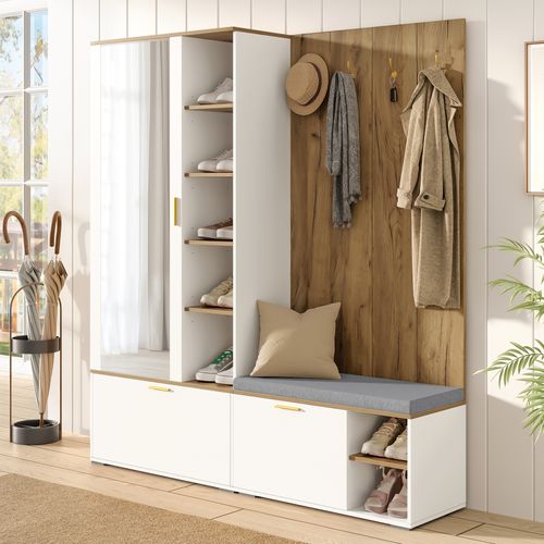 Ensemble Vestiaire Entrée 160x38x180 Cm, Armoire Miroir Avec Banc, Panneaux Bois, Blanc+naturel